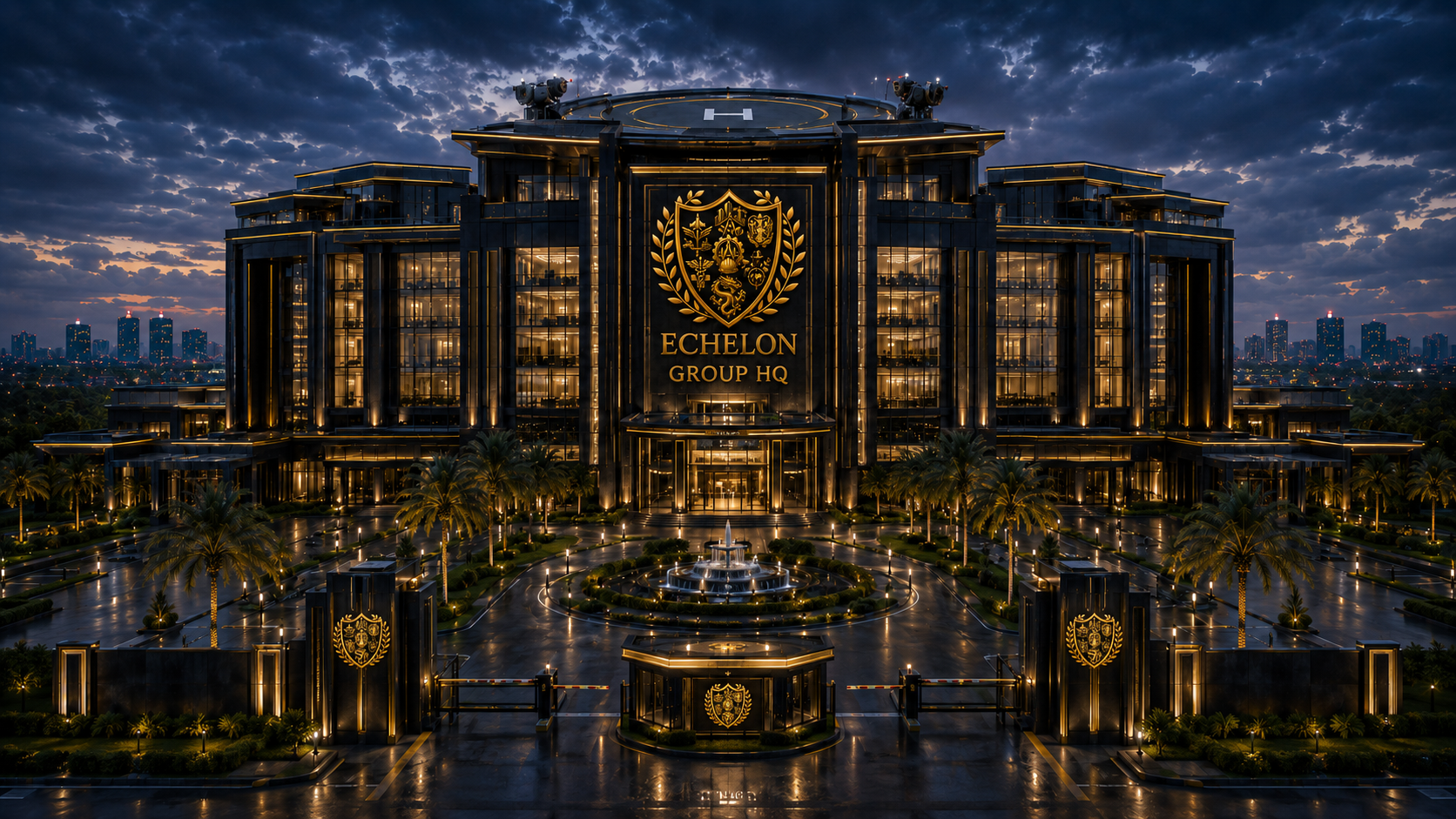 Echelon Group future corporate headquarters at dusk — concept render